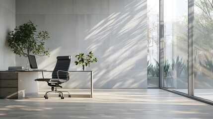 Fototapete - A sleek office space with a glass desk and ergonomic chair, set against a backdrop of large windows and light grey walls.