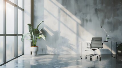 Wall Mural - A sleek office space with a glass desk and ergonomic chair, set against a backdrop of large windows and light grey walls.