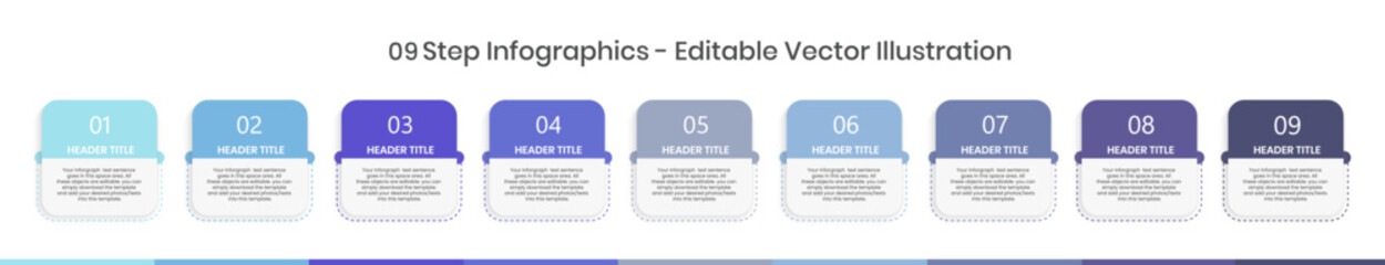 Wall Mural - 9 Step Infographics Design Template - Graph, Pie chart, workflow layout, squire diagram, brochure, report, presentation, Minimalist timeline template Editable Vector illustration