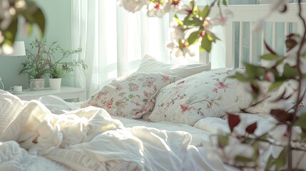 Wall Mural - Cozy bedroom with white decor floral accents closeup