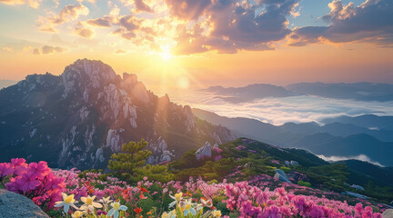 Poster - Mountain, colorful clouds and sea of flowers in sky and mountain scenery. Generative AI.