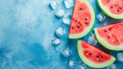 Wall Mural - A blue background with a few slices of watermelon on top of it. The watermelon slices are surrounded by ice cubes