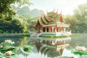 Wall Mural - The temple pavilion is located on the river