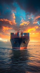 Wall Mural - cargo container ship at sunset