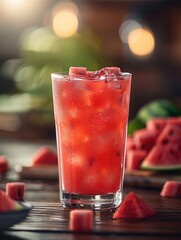 Aufkleber - A clear glass filled with watermelon juice, the red juice shimmering with an enticing sheen. Generative AI.