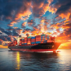 Wall Mural - cargo container ship at sunset