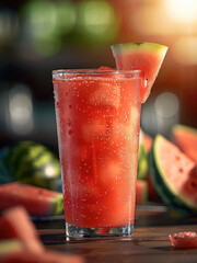 Aufkleber - A clear glass filled with watermelon juice, the red juice shimmering with an enticing sheen. Generative AI.