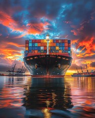 Wall Mural - cargo container ship at sunset