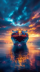 Wall Mural - cargo container ship at sunset