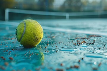 Tennis Ball on a Rain-Soaked Court