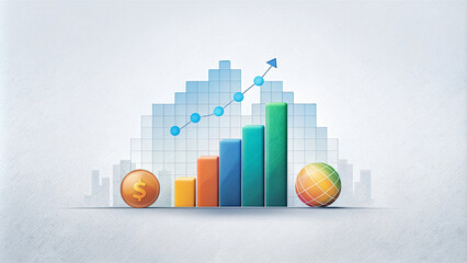 A colorful 3D bar chart illustration tracks financial market growth with data-driven icons