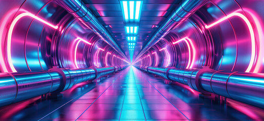 Poster - A futuristic neon light corridor, blue and pink colors, view from the bottom up, futuristic sci-fi background, metallic surfaces with cables and pipes. Generative AI.