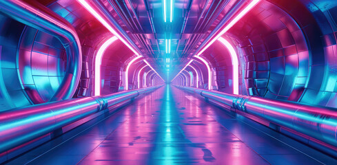 Poster - A futuristic neon light corridor, blue and pink colors, view from the bottom up, futuristic sci-fi background, metallic surfaces with cables and pipes. Generative AI.