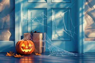 Wall Mural - halloween pumpkin and gift in front of the front door