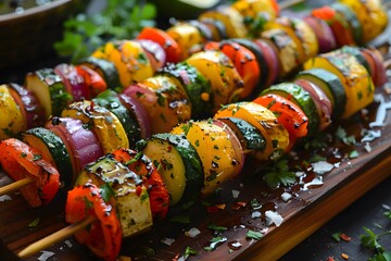 Wall Mural - Colorful Grilled Vegetable Skewers on a Wooden Platter