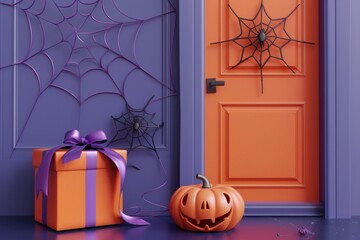 Wall Mural - halloween pumpkin and gift in front of the front door