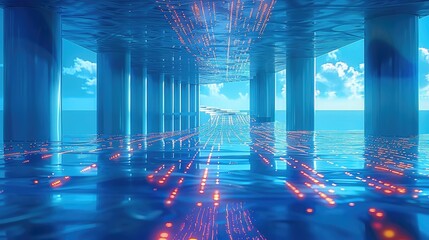 Aufkleber - Stereoscopic data chart, visual data screen, data table, Visual data design, Technical style, blue and white color scheme, blue background, Surreal. Generative AI.