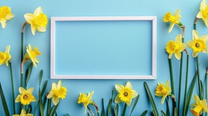 Poster - Yellow daffodils on a blue background with a white frame Blank space for text Top down arrangement