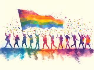 pride people holding a rainbow flag and celebrating freedom vector illustration