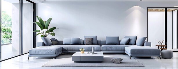 Wall Mural - Elegant living room with a mix of pastel lavender and white tones, dark and light blue sofa, large panoramic windows, and minimalist decor, copy space for text, focus cover all object, deep depth of