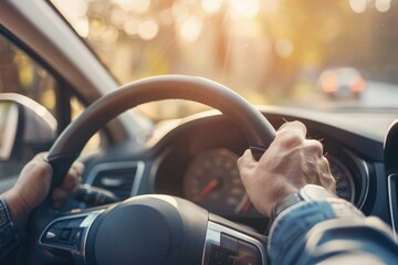 Wall Mural - Close up young man driving on the road