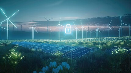 Aufkleber - An empty grass field at night with solar panels and wind turbines with a blue 3d lock floating in the front center, unreal engine. Generative AI.
