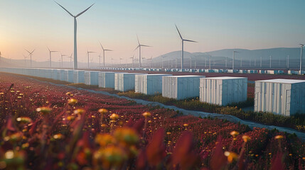 Aufkleber - An electric landscape with rectangular fields of containers with a wind turbine behind them. Generative AI.