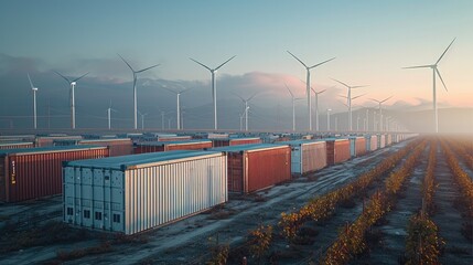 Aufkleber - An electric landscape with rectangular fields of containers with a wind turbine behind them. Generative AI.