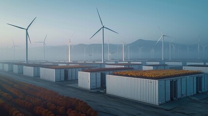 Aufkleber - An electric landscape with rectangular fields of containers with a wind turbine behind them. Generative AI.