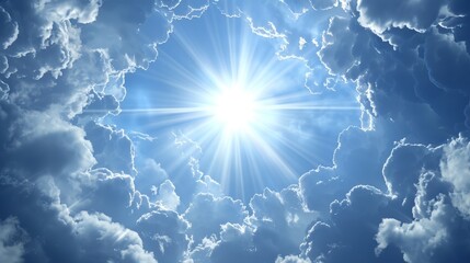 Wall Mural - Awe-inspiring view of white clouds and blue sky with sunbeams breaking through symbolizing god light and spiritual hope