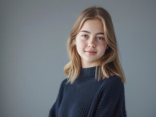 studio portrait of a confident teen girl in a navy sweater soft lighting enhancing natural beauty minimalist background