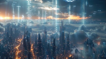 Poster - A futuristic cityscape with holographic data visualizations floating in the air. Generative AI.
