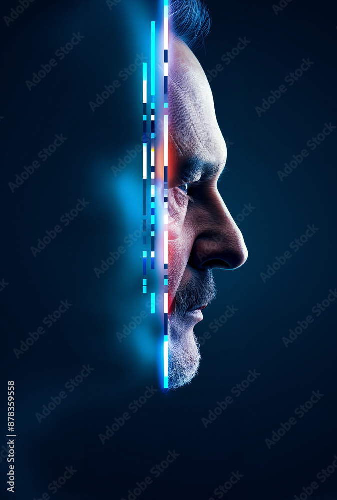 Side profile of a man's face merging with digital data, symbolizing the ...