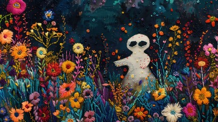 Wall Mural - A painting of a white alien in a field of flowers