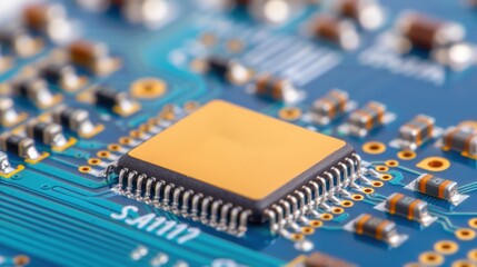 Close-up of an electronic microchip on a blue circuit board, showcasing fine details of modern technology and hardware components.
