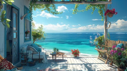 Poster - The bright and airy beach hut terrace with wooden furniture, overlooks the sea and the sun casts long shadows on the wooden floor. with a coffee table decorated with flowers in vases. Generative AI.