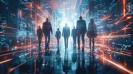 Poster - Group of Professional business people walking through from a super technology gate. Future. Futuristic. interface graphic at night. Generative AI.
