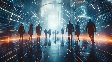 Leinwandbilder - Group of Professional business people walking through from a super technology gate. Future. Futuristic. interface graphic at night. Generative AI.