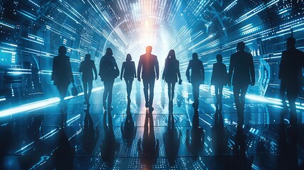 Leinwandbilder - Group of Professional business people walking through from a super technology gate. Future. Futuristic. interface graphic at night. Generative AI.