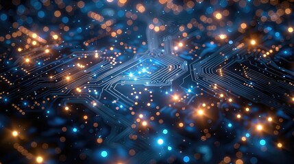 Poster - A chip made of shining lights in outer space. colors bright blue. Generative AI.