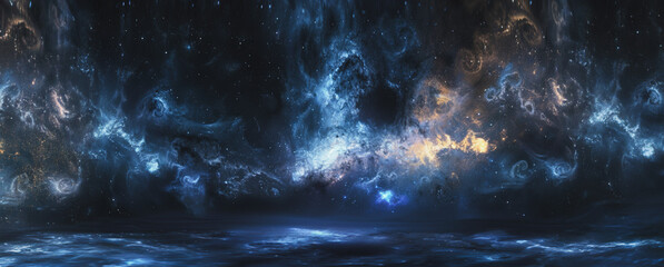 Wall Mural - blue and yellow nebulae above a dark sea at night