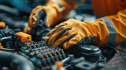 Poster - Close-up of a mechanic hands, carefully inspecting the car fuse box for any faults. Generative AI.