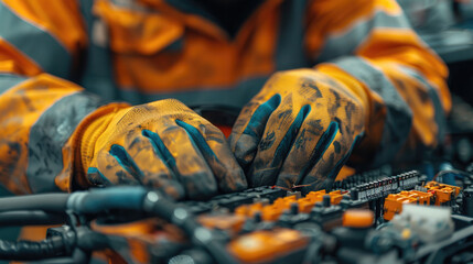 Poster - Close-up of a mechanic hands, carefully inspecting the car fuse box for any faults. Generative AI.