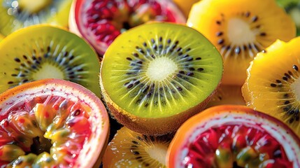 Wall Mural - Close-up of freshly cut tropical fruits like kiwi, passionfruit, and guava, with their juicy interiors glistening in the sunlight, vibrant colors. Generative AI.