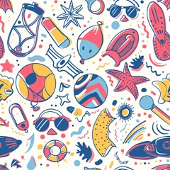 Poster - A seamless pattern showcasing detailed illustrations of summer fun items like kites, beach balls, and snorkels, creating a dynamic and playful design