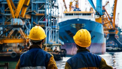 Wall Mural - Shipyard workers in front of a big ship