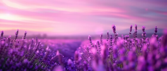 Wall Mural - Beautiful Lavender Field at Sunset with Vibrant Purple Flowers and a Stunning Sky