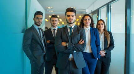 Group of hispanic business people standing in a hall, successful business people looking at camera. 