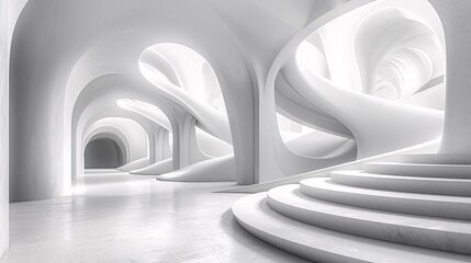 Fototapete - Futuristic 3D render of an abstract and surreal architectural design, featuring minimal geometric shapes and a harmonious layout.
