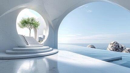 Fototapete - Surreal 3D architectural rendering featuring minimal geometric forms and an abstract design, creating a futuristic and harmonious scene.